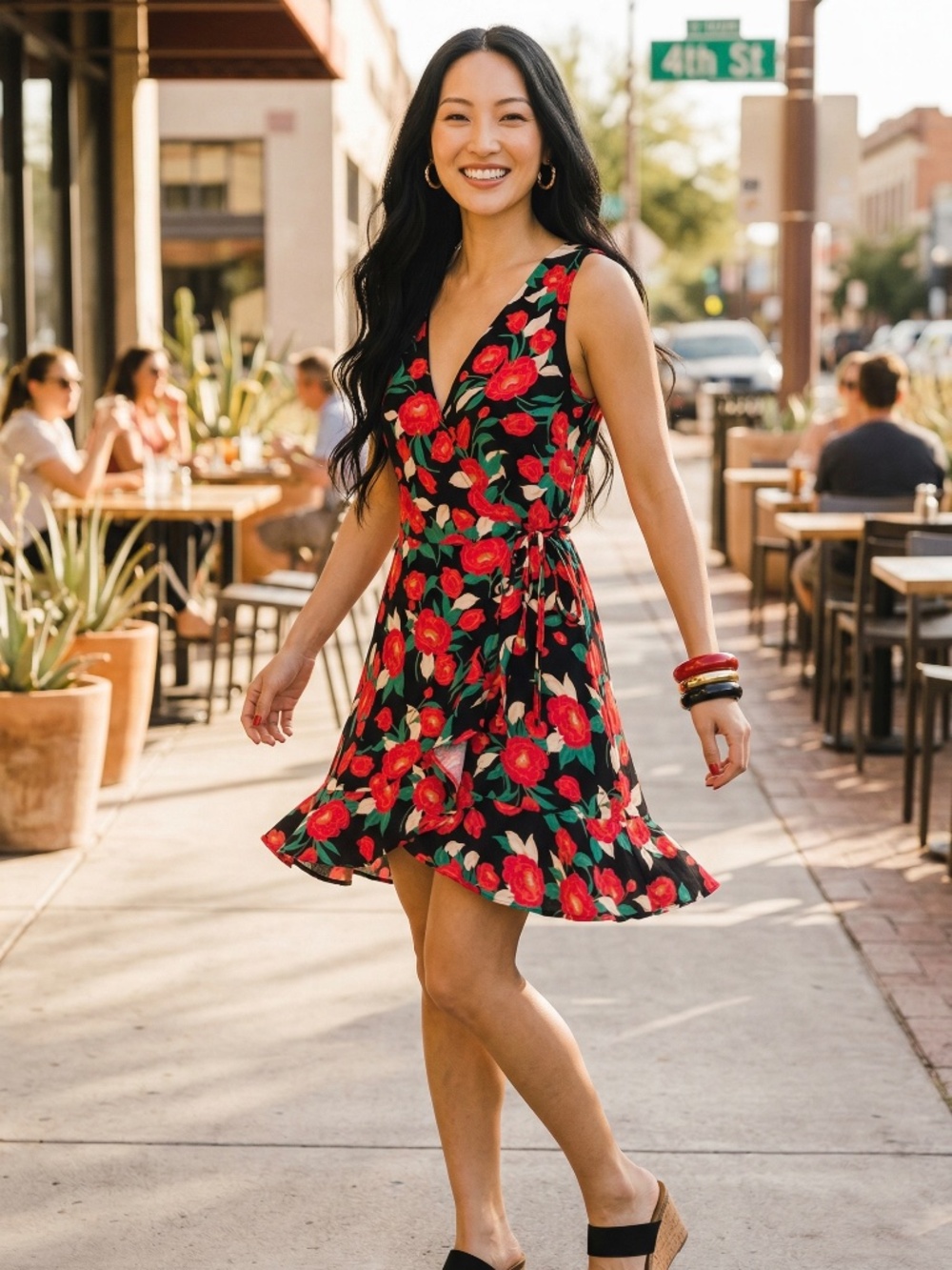 Lush Red Floral V Neck Wrap Dress | Flower Print Sleeveless Ruffle Hem Mini - Picture 2 of 5